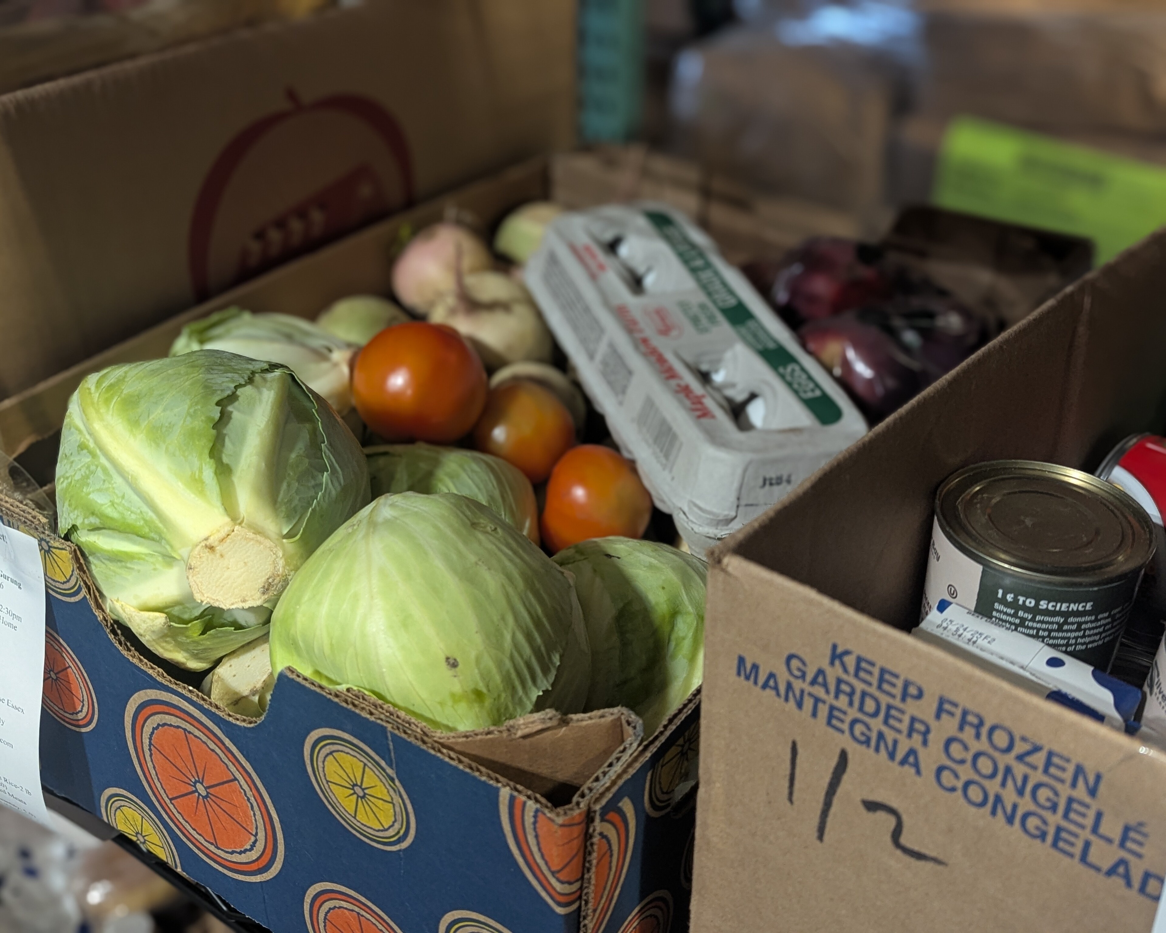 Box of food prepared for a client of Feeding Champlain Valley