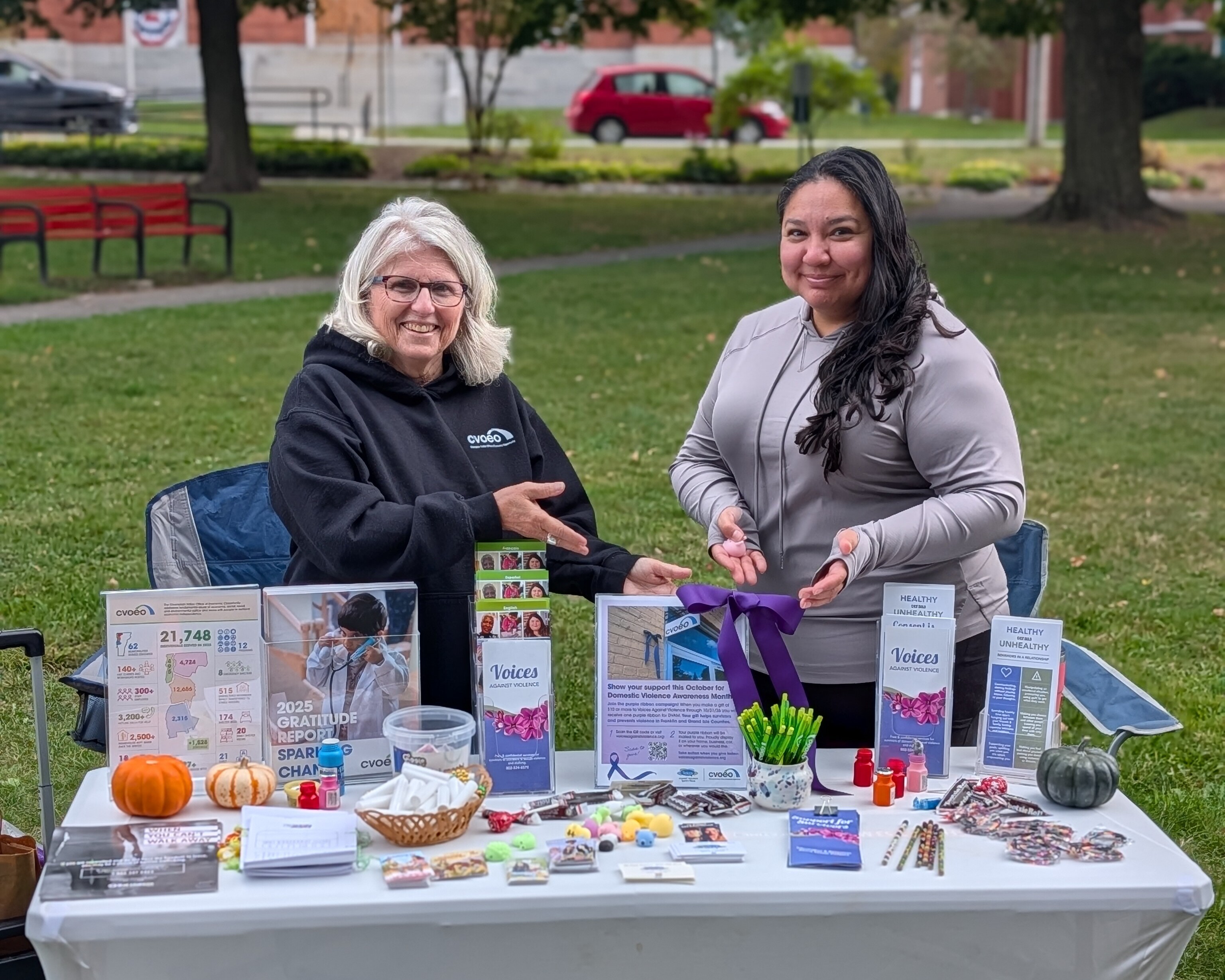 Staff member Kris and Board President Nakuma stand behind a table, point to a purple ribbon and sign about DVAM.